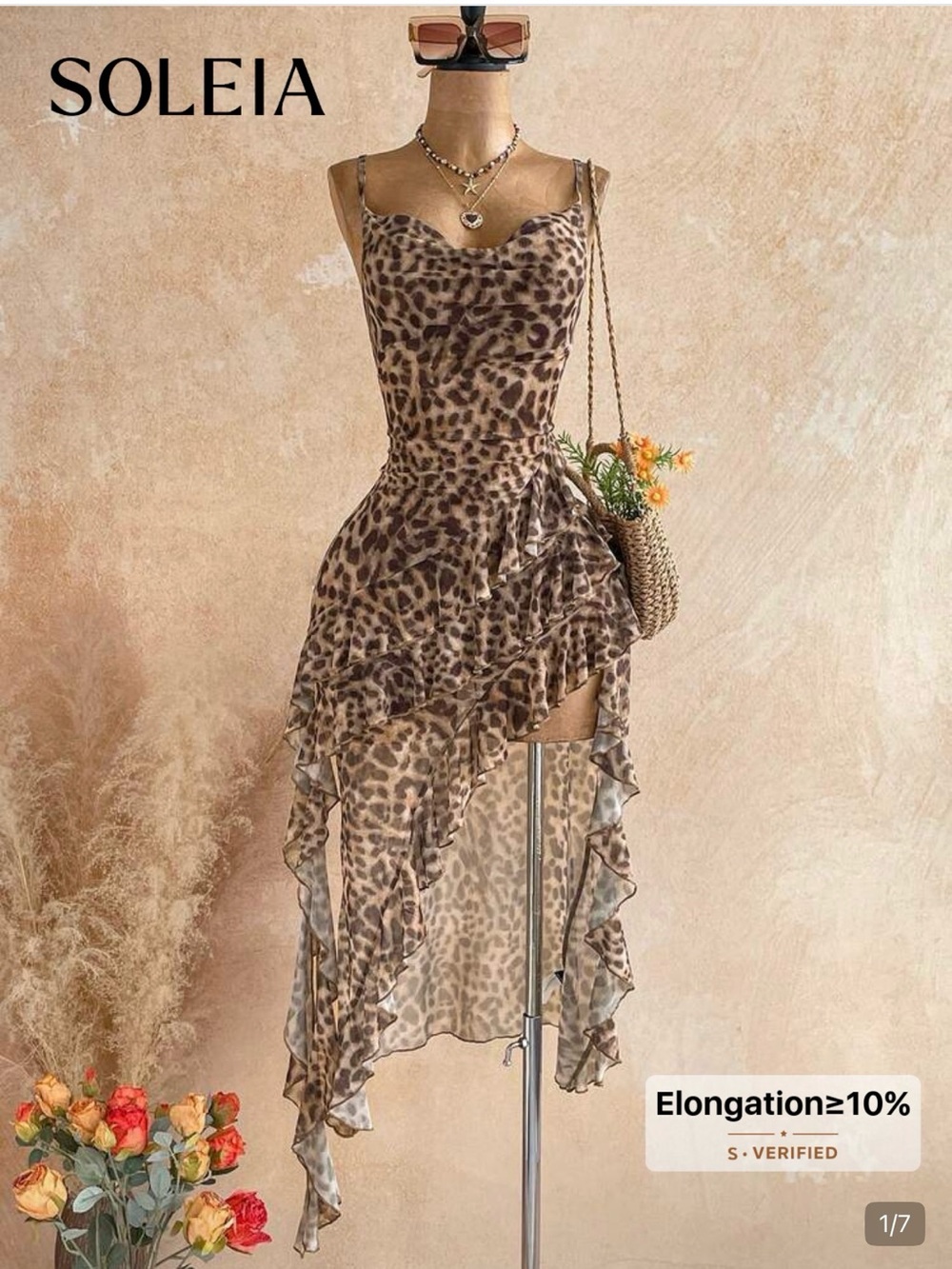 Leopard Print Asymmetric Ruffle Dress - Brown